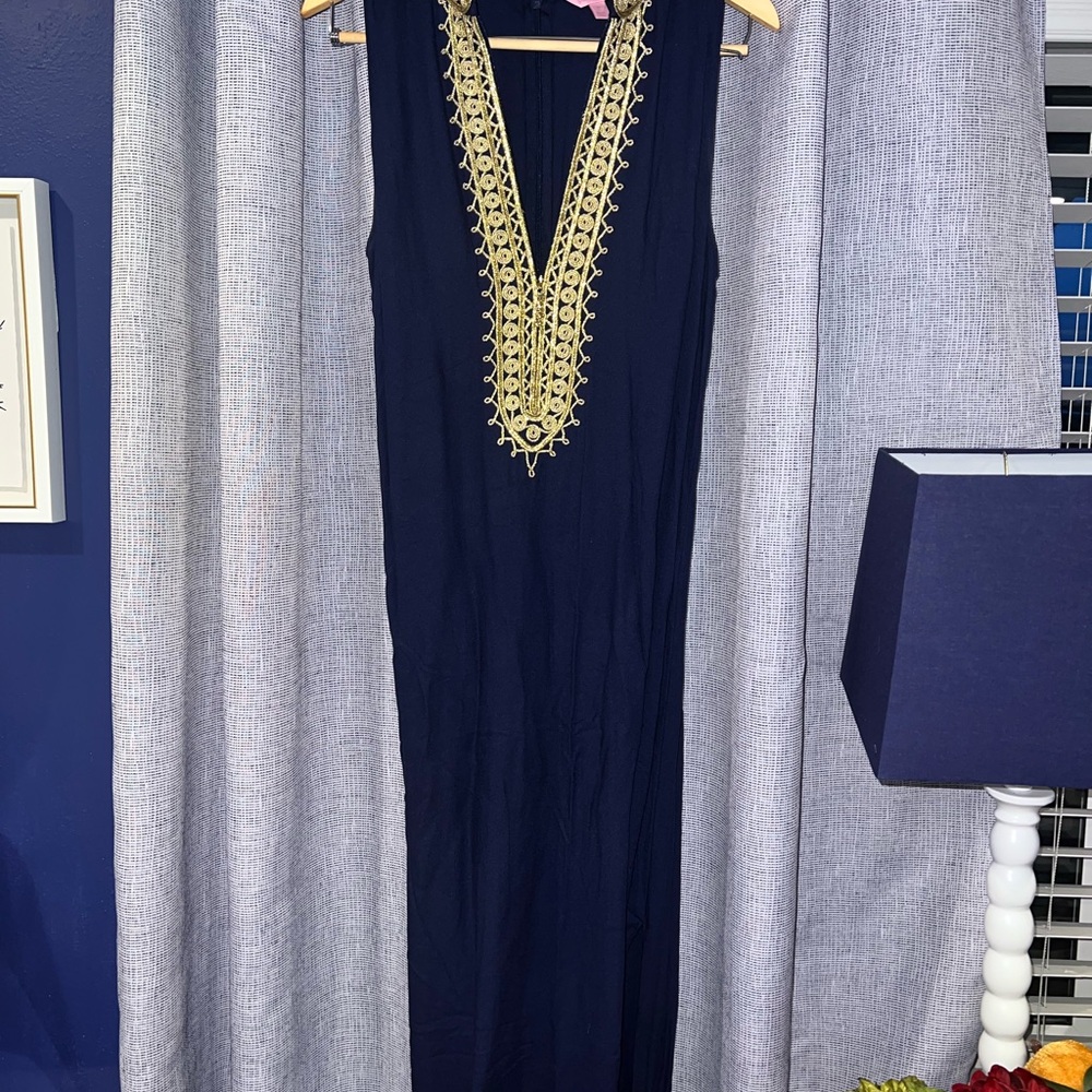 Navy Sleeveless Dress with Gold Embroidery Lilly Pulitzer sz 10 Jane Maxi dress - Picture 9 of 11